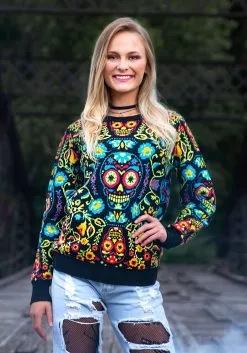 Sugar Skull Ugly Halloween Sweater For Adults