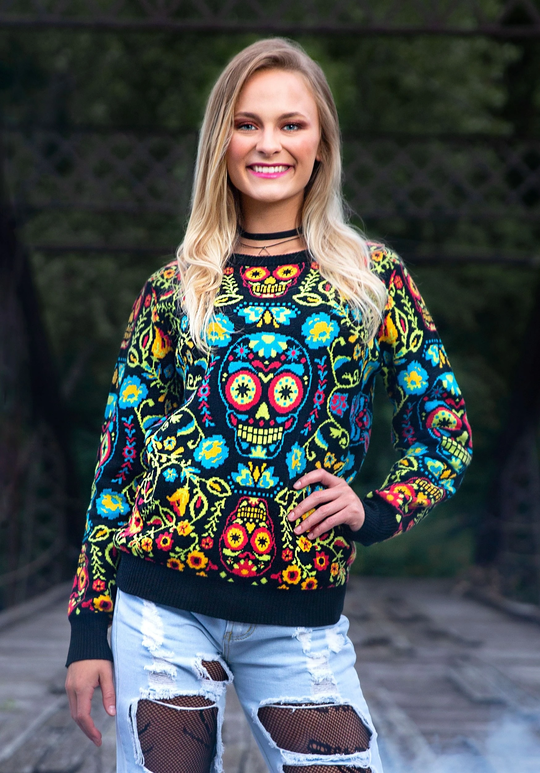 Sugar Skull Ugly Halloween Sweater For Adults